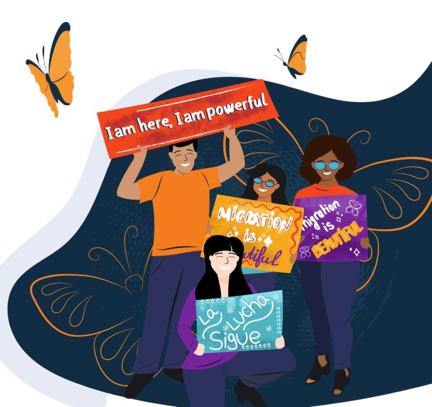 A group of students holding banners with encouraging words for the immigrant community. Messages stating "Migration is beautiful"