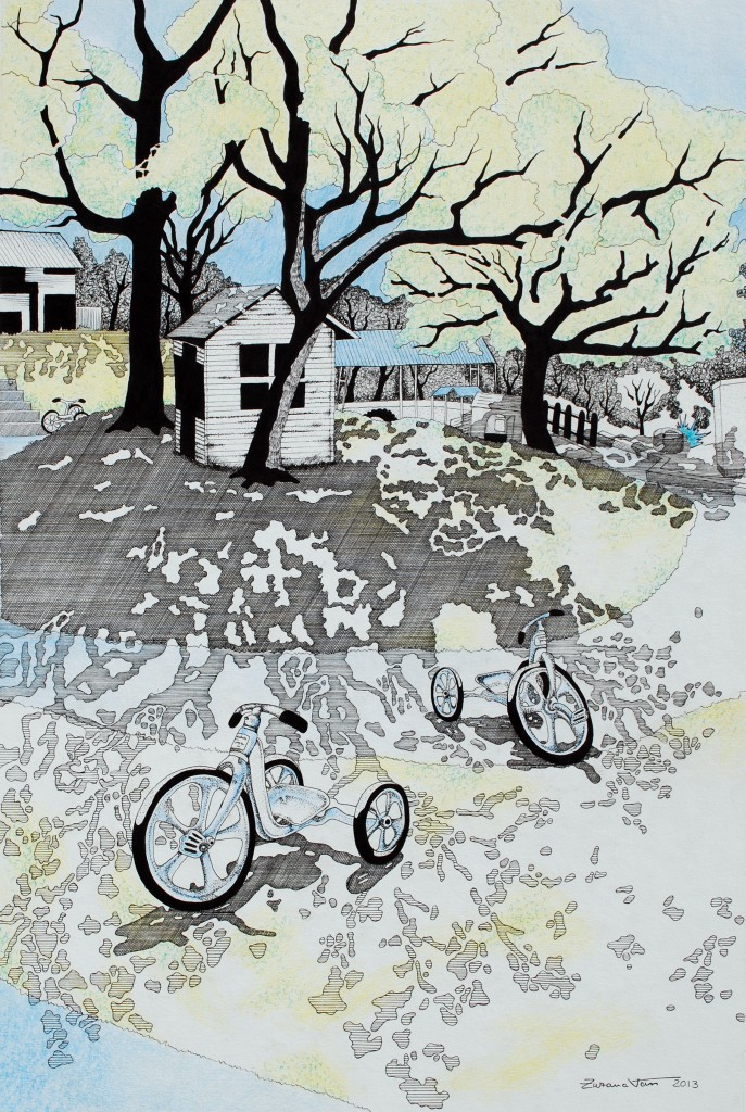 Zuzana Vass Drawing - children's bikes and trees