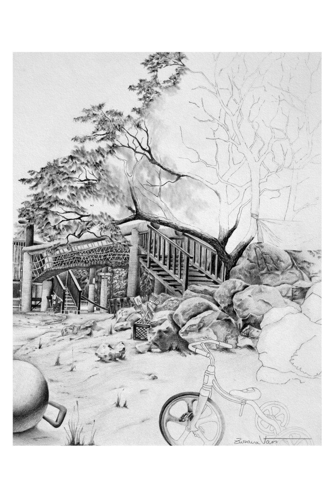 Zuzana Vass Drawing - children's bike and bridge