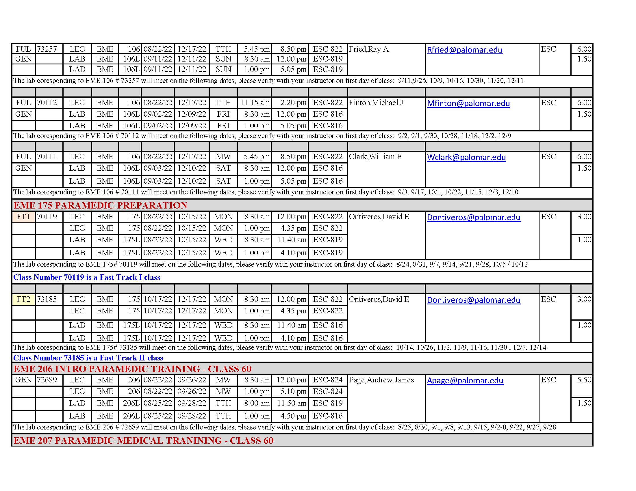 Fall 2022 EME Class Schedule Emergency Medical Education
