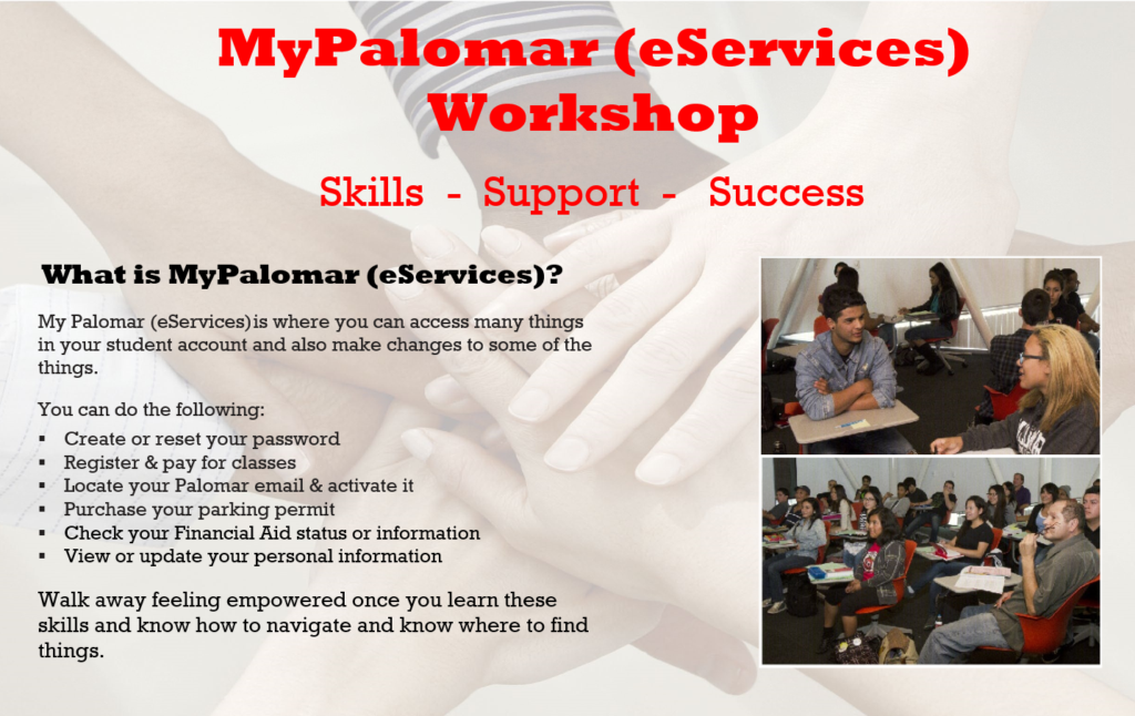 Flyer for My Palomar (eservices) workshop about skills, support and success