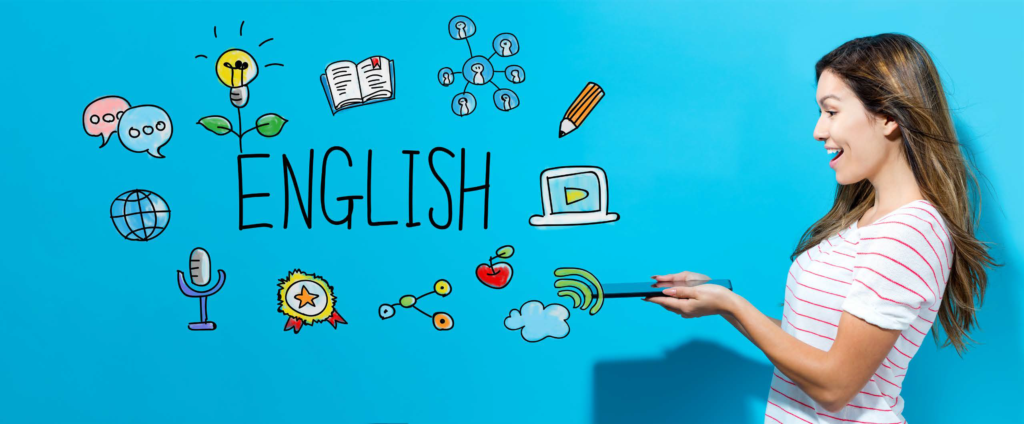 Woman with computer and ready to learn English.