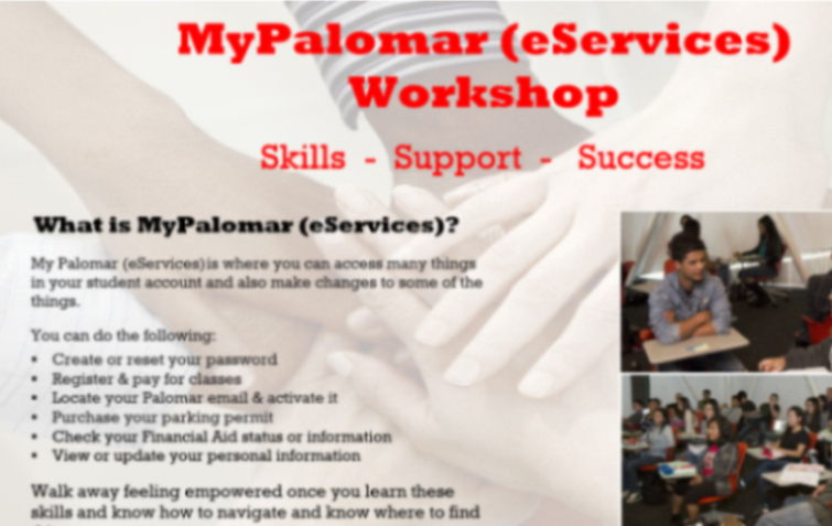 Flyer for My Palomar (student account) workshop in English. Talking about skills, support and success.