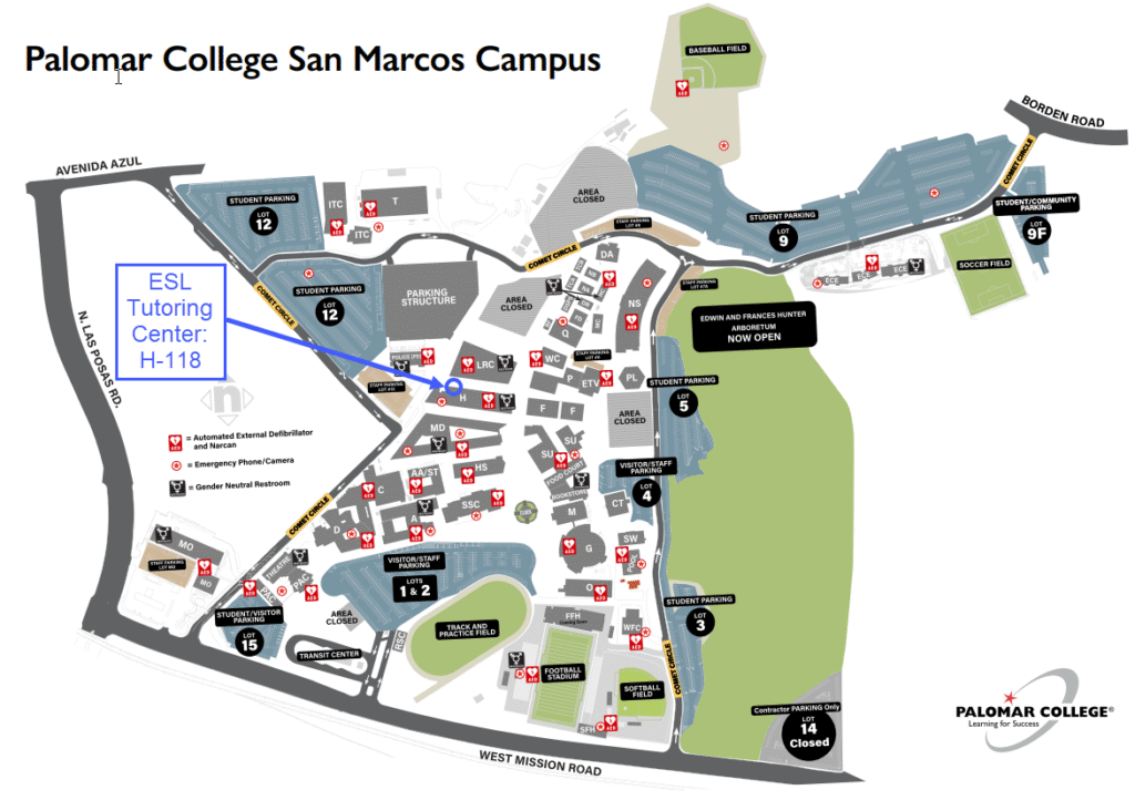 Map of San Marcos College campus. The ESL Tutoring Center is located in H118, next to the ESL Office, directly across from the library and close to the campus police department.