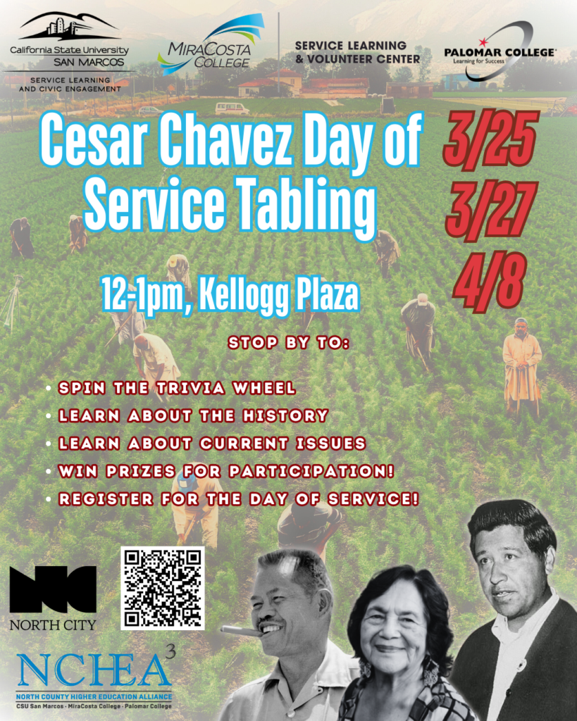 Flyer. Tabling event at CSUSM's Kellogg Plaza, 12-1pm on 3/25, 3/27, 4/8/25.
