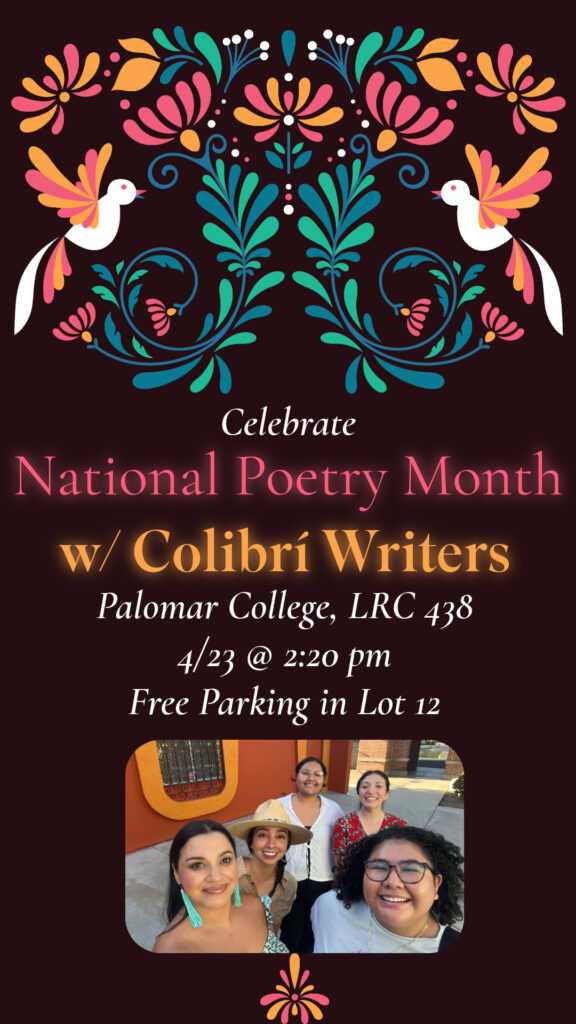 Fyer for FREE WRITING WORKSHOP and BOOK FAIR
Wednesday, April 23 in room LRC-438 at 2:20 p.m.-3:45 p.m. Free Parking in Lot 12