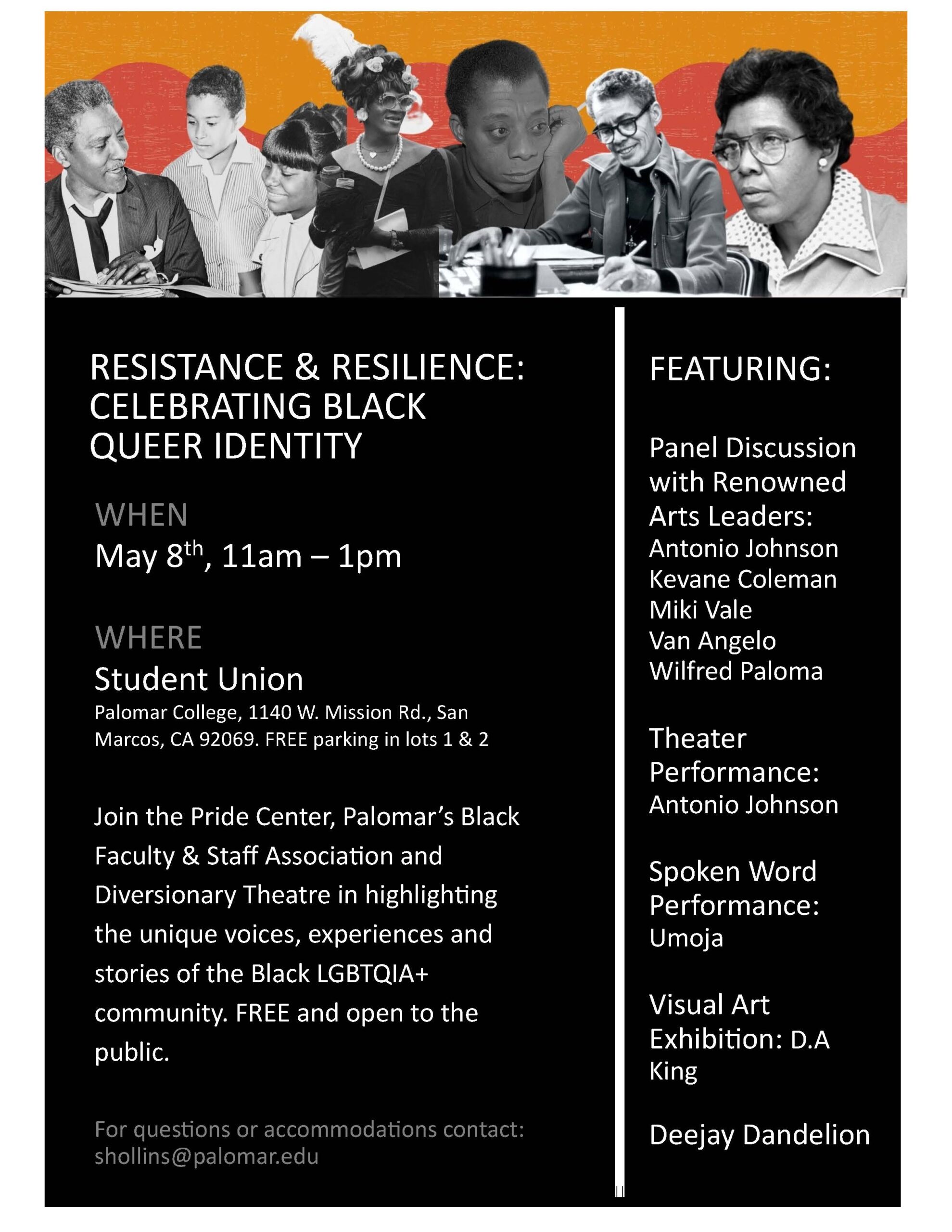 Flyer: “Resistance & Resilience: A Celebration of Black Queer Identity”, event in celebration of Pride Month. On Thursday, May 8th from 11am-1pm in the Student Union at Palomar College.