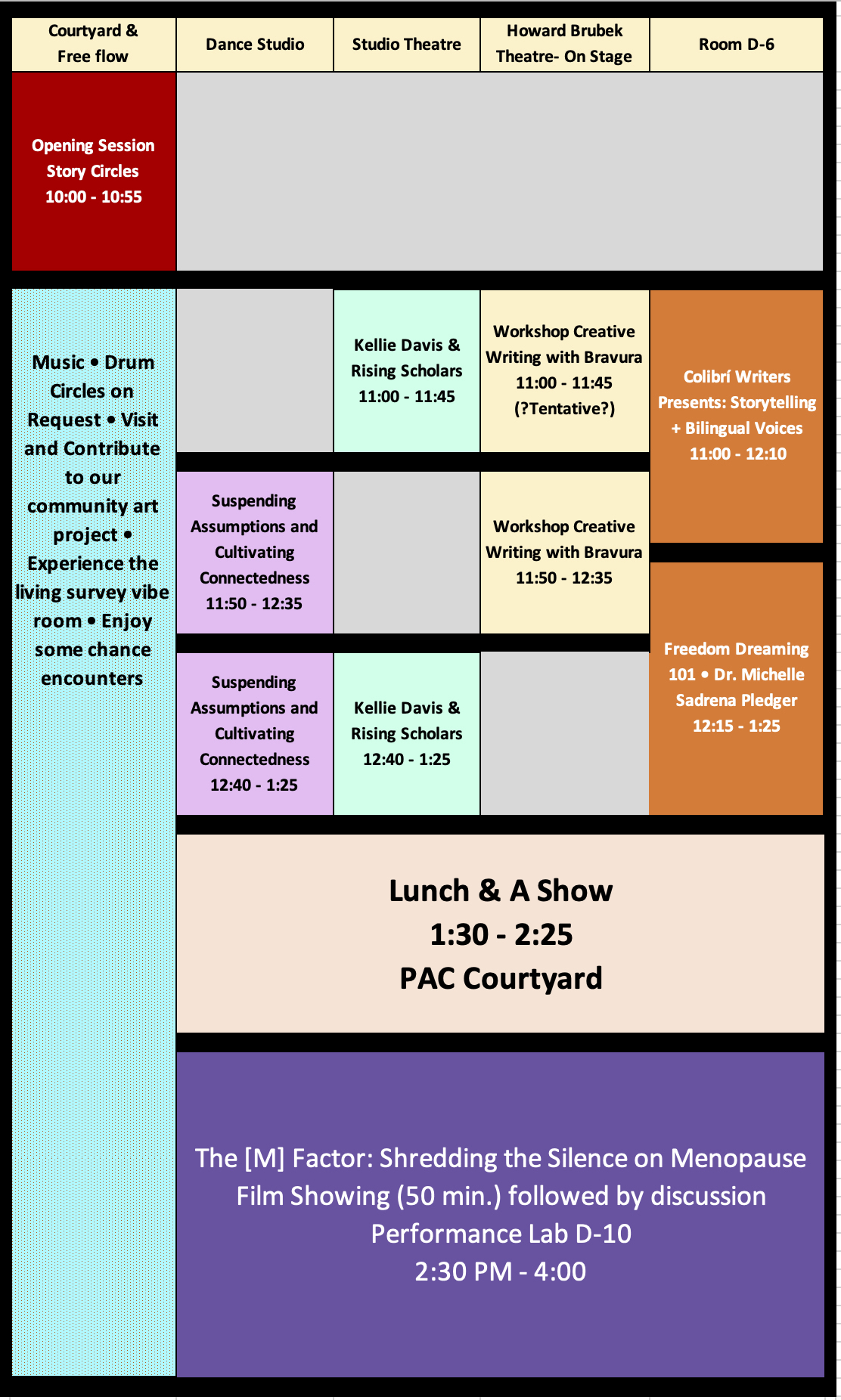 A visual layout of the schedule above