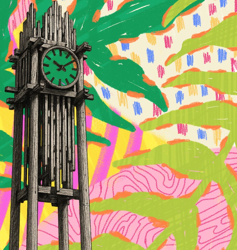 Illustration of the Palomar College clocktower against a colorful botanical background