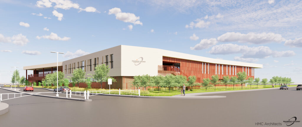 Southeast exterior perspective of the Fallbrook 40 building with landscaped grounds, sidewalks, and surrounding roadways.