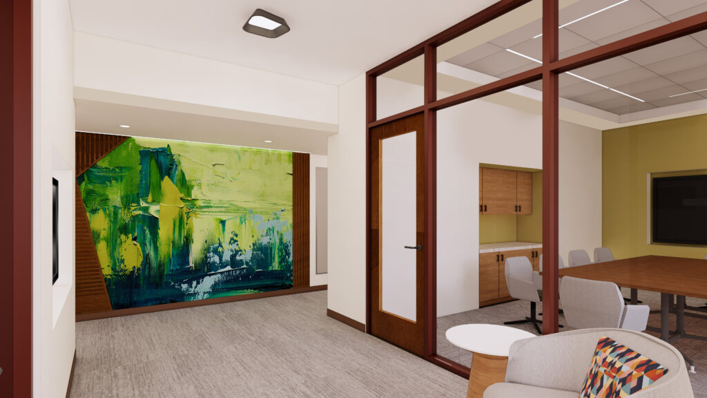Interior view of a faculty and administration suite with offices, meeting spaces, glass walls, and natural lighting.