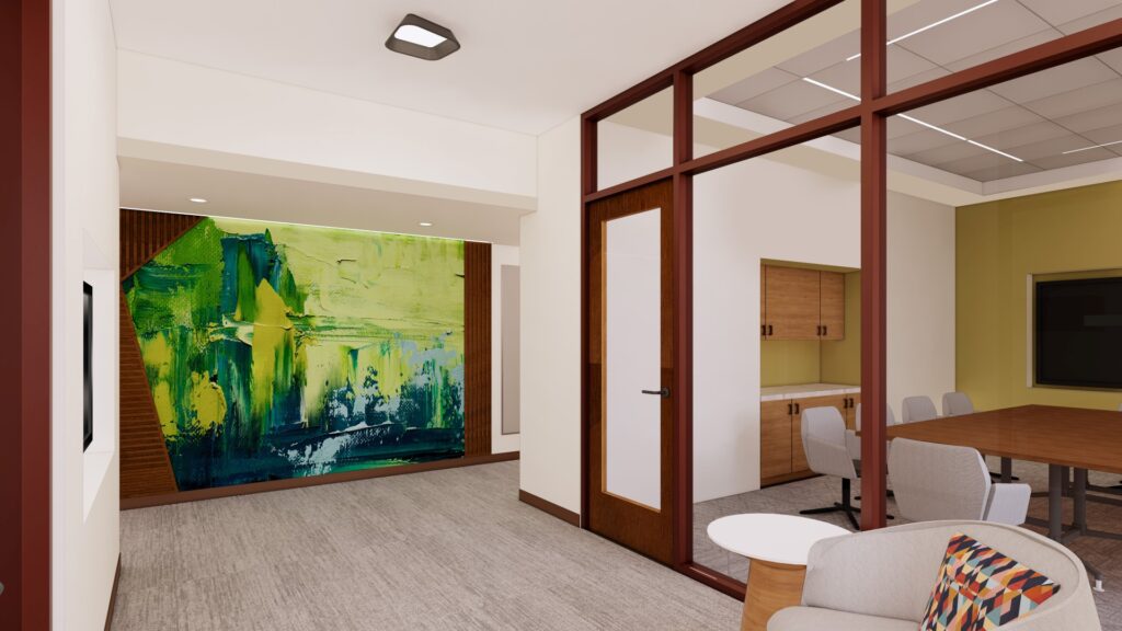 Interior view of a faculty and administration suite with offices, meeting spaces, glass walls, and natural lighting.