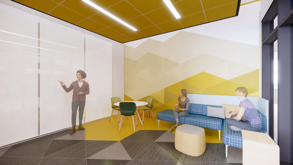 Small group study room with flexible seating, geometric wall design, glass partitions, and collaborative work areas.