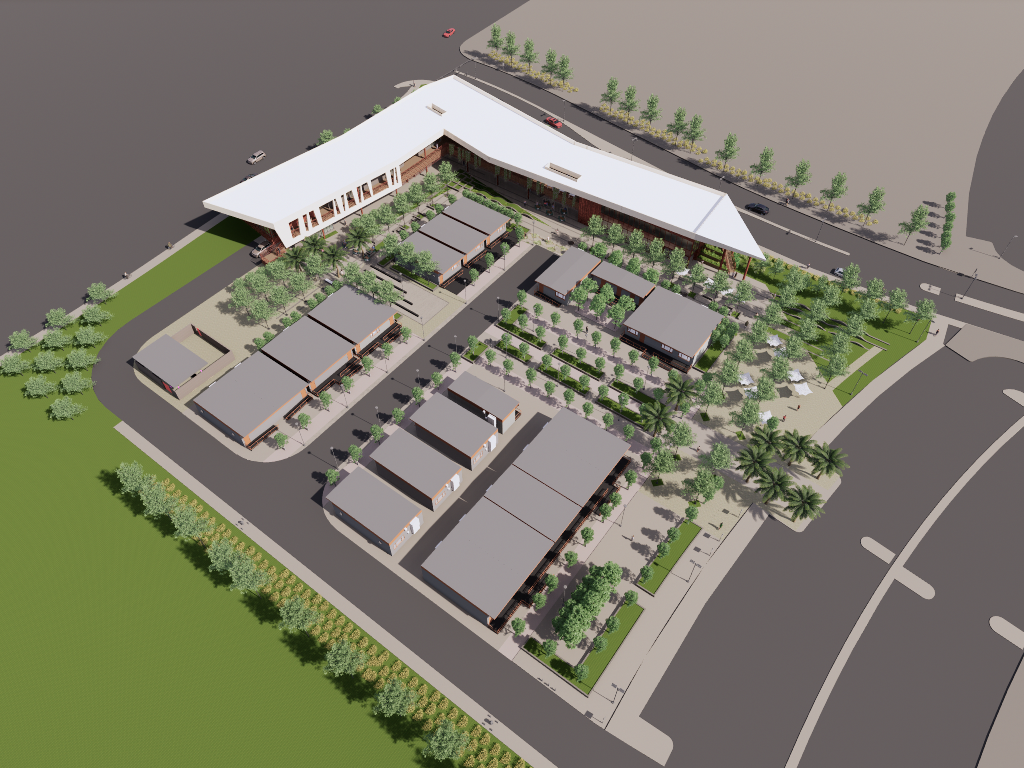 Aerial rendering showing the Fallbrook 40 building, courtyards, surrounding modular buildings, and campus circulation.