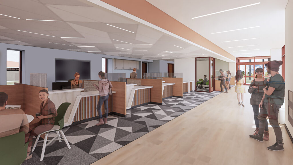 Student services area with multiple service stations, open waiting areas, and modern interior finishes.