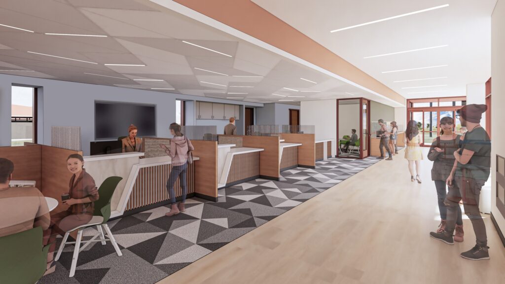 Student services area with multiple service stations, open waiting areas, and modern interior finishes.