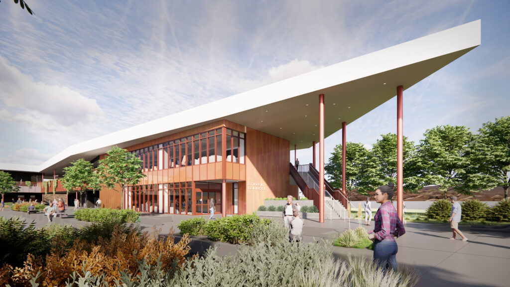 Exterior rendering of the Fallbrook 40 Student Resource and Learning Center showing a two‑story building with large windows, an extended roof canopy supported by columns, landscaped walkways, stairs to the upper level, and people moving along the campus approach.