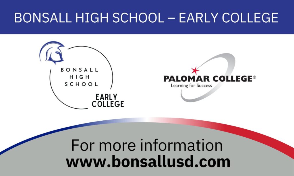 Banner displaying “Bonsall High School – Early College” with Bonsall High School and Palomar College logos and the website www.bonsallusd.com for more information.