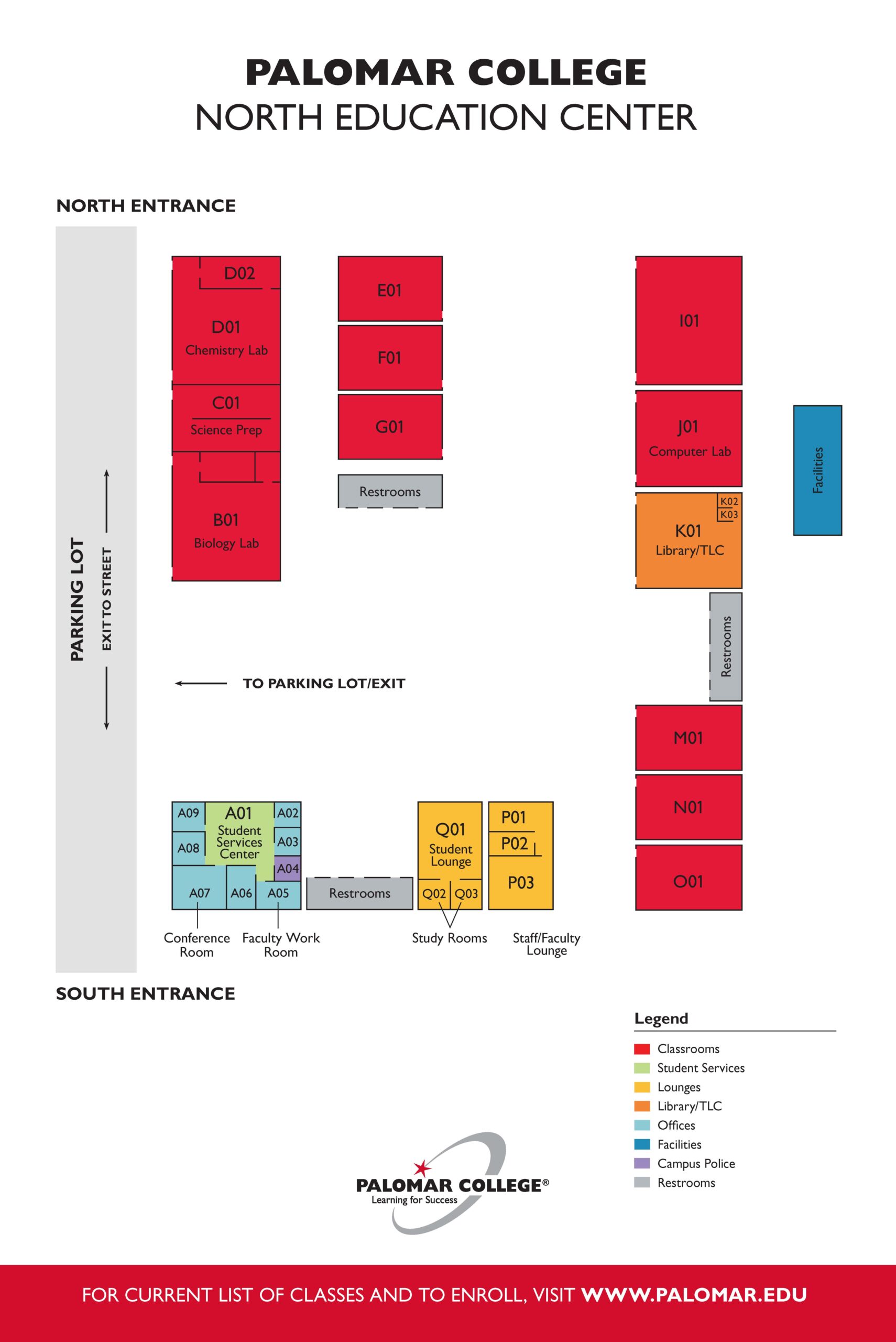 Fallbrook Center Information, Campus Map showing buildings, restroom, and classroom locations.