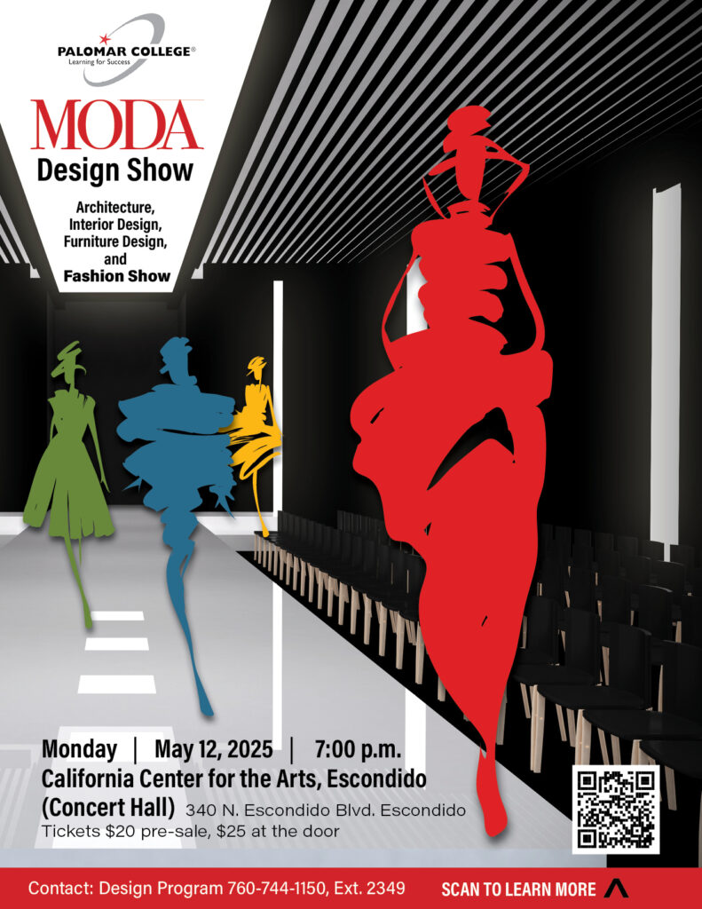 MODA Design Show flyer depicting a white runway with the yellow, blue, green and red sketch-like images of models walking the runway.