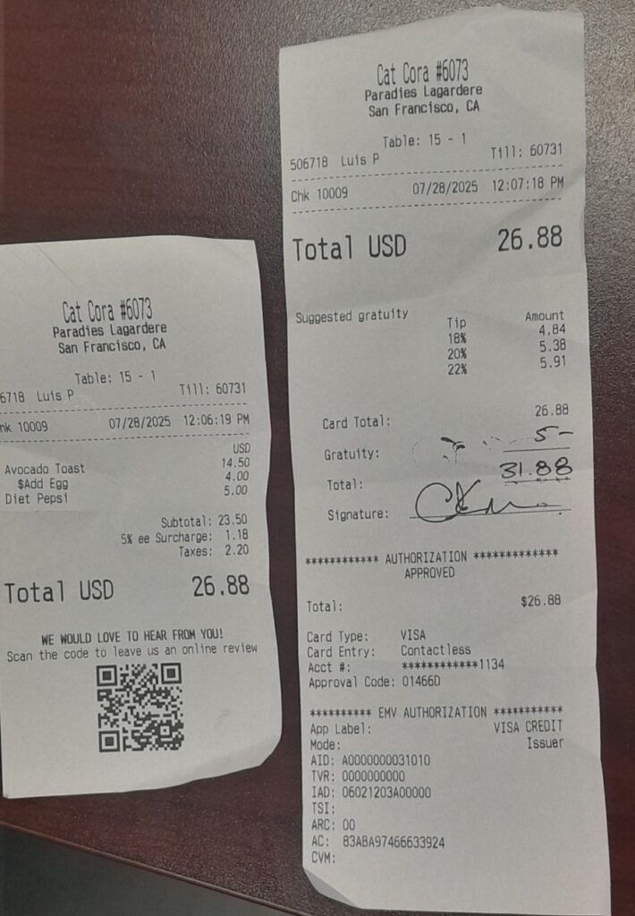 Photograph of an itemized bill from a restaurant, as well as receipt showing grand total after taxes and tip.