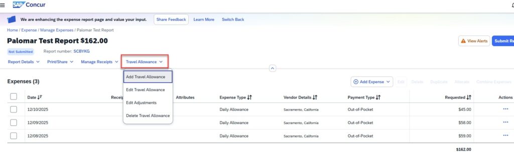 Screenshot of the option to add, edit, or delete a travel allowance.