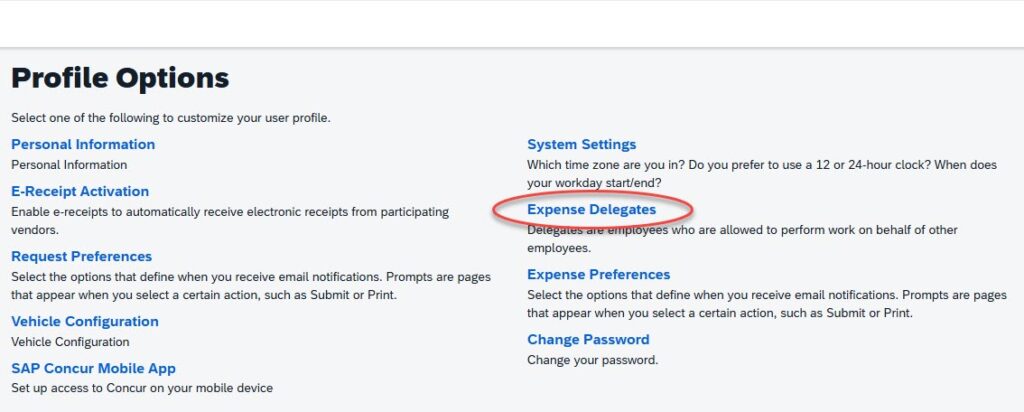 Screenshot of location of Expense Delegates menu.