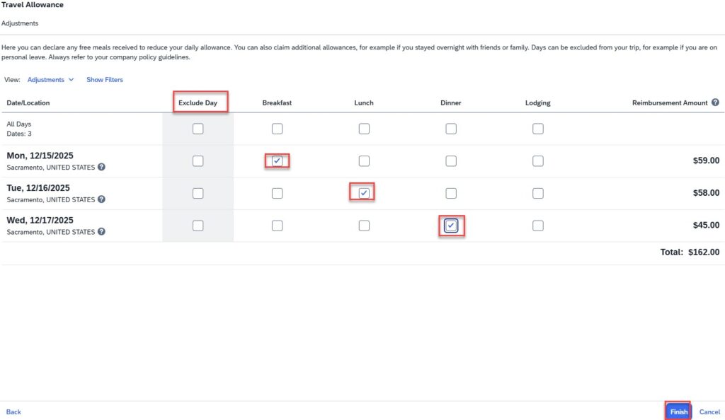 Screenshot of how individual meals can be deducted from the travel allowance.
