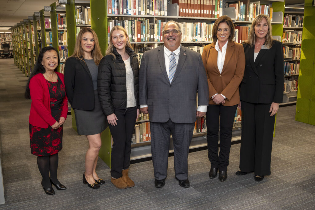 (Pictured from left to right: Dr. Trustee Patacsil, Board Secretary Acosta, Student Trustee Barnum, Trustee Rodriguez, Board President Kaiser, and Board Vice President Hamilton-Bleakley)