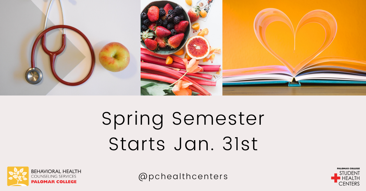 Images of fruit, books and stethescope with text "Spring Semester Starts Jan. 21st"