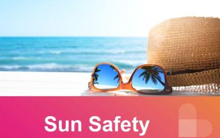 Picture of beach, hat and glasses with text: Sun Safety