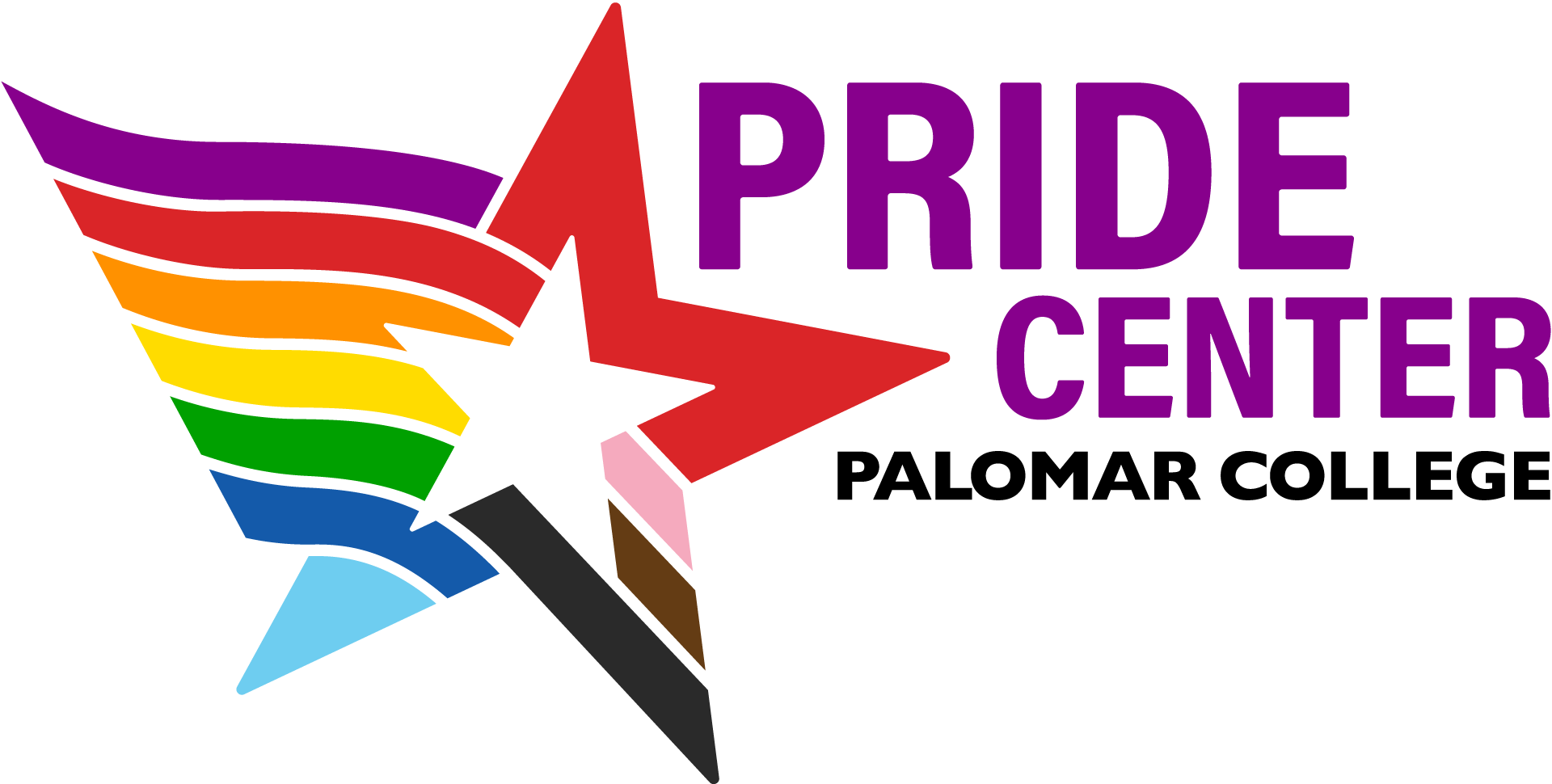 Colorful logo for the Pride Center at Palomar College featuring a five-pointed star in vibrant hues with the text "PRIDE CENTER" and "PALOMAR COLLEGE."