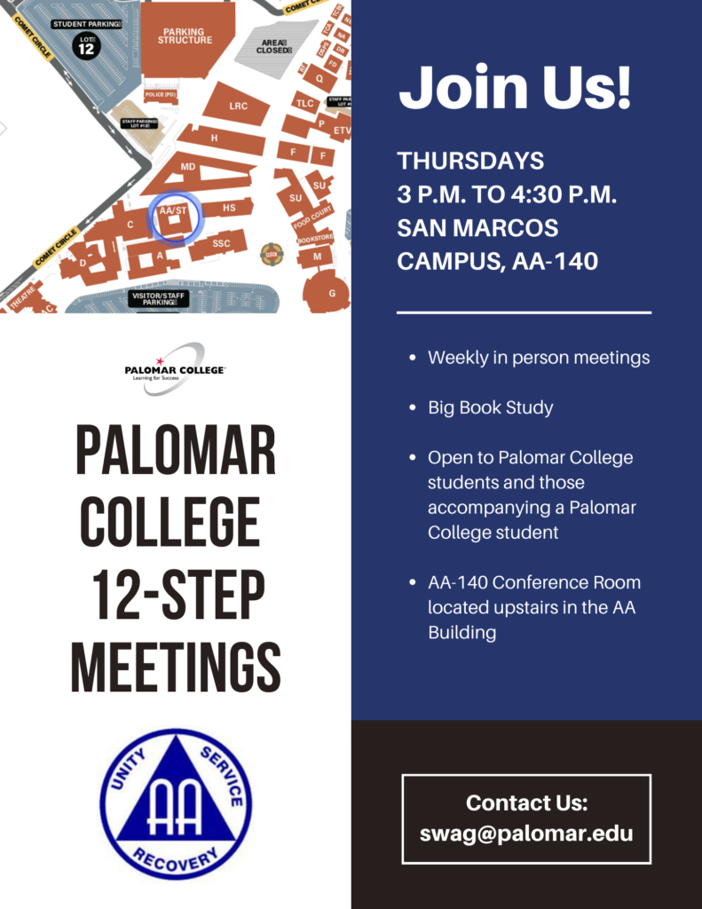 12-Step Meetings are held on Thursdays at 3pm in AA-140