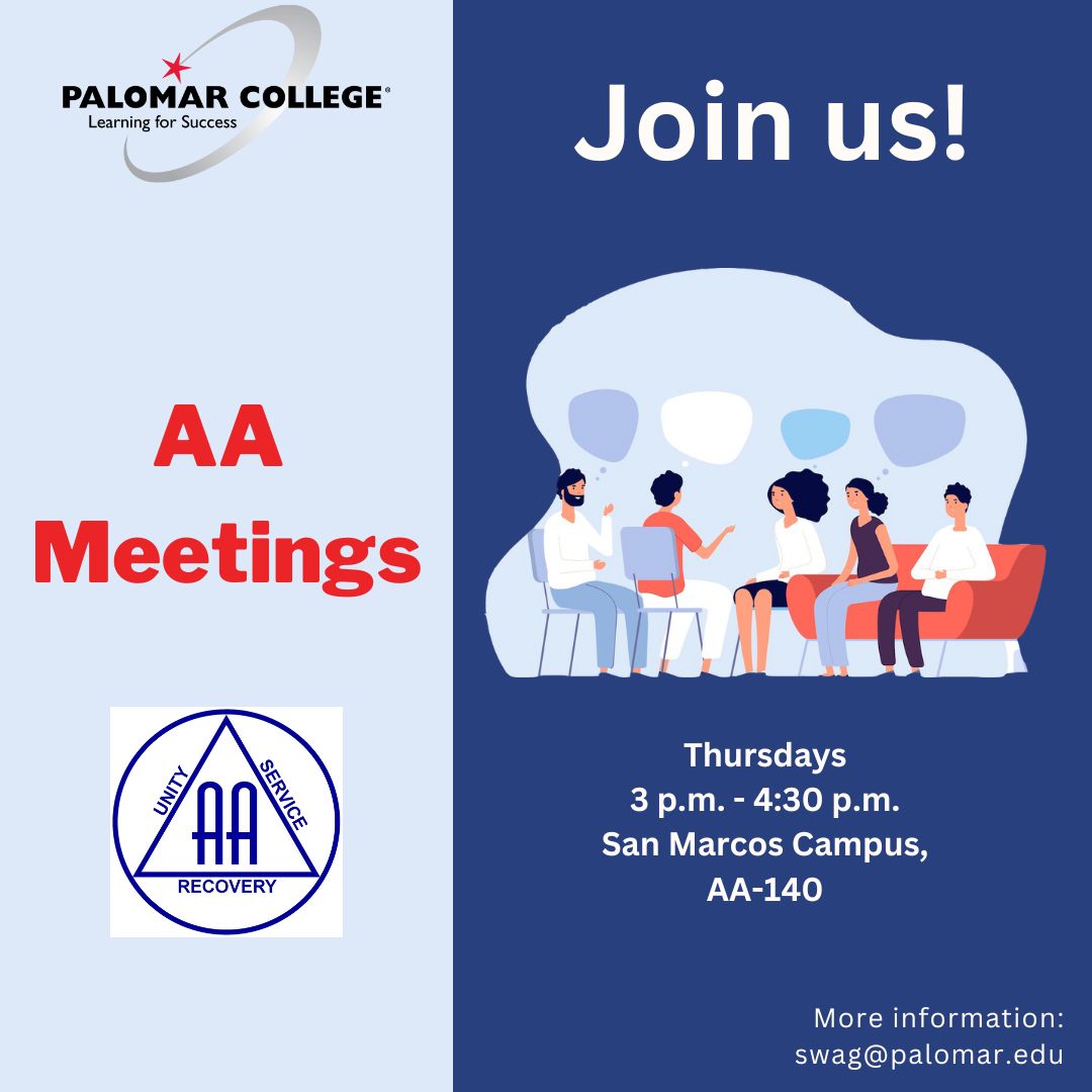 Palomar College AA Meetings are held on Thursdays at 3pm