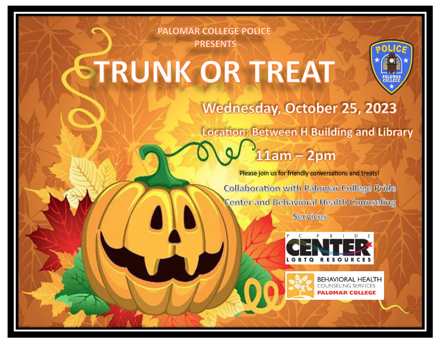 Image of pumpkin and Trunk or Treat event on Wednesday, Oct. 25 11am-2pm