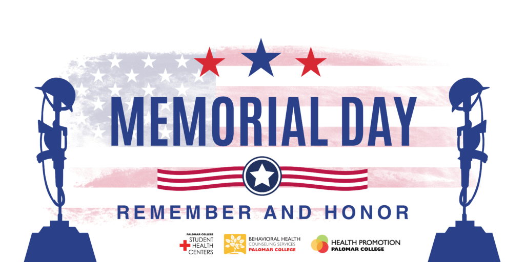American flag with red and blue starts and text: Memorial Day