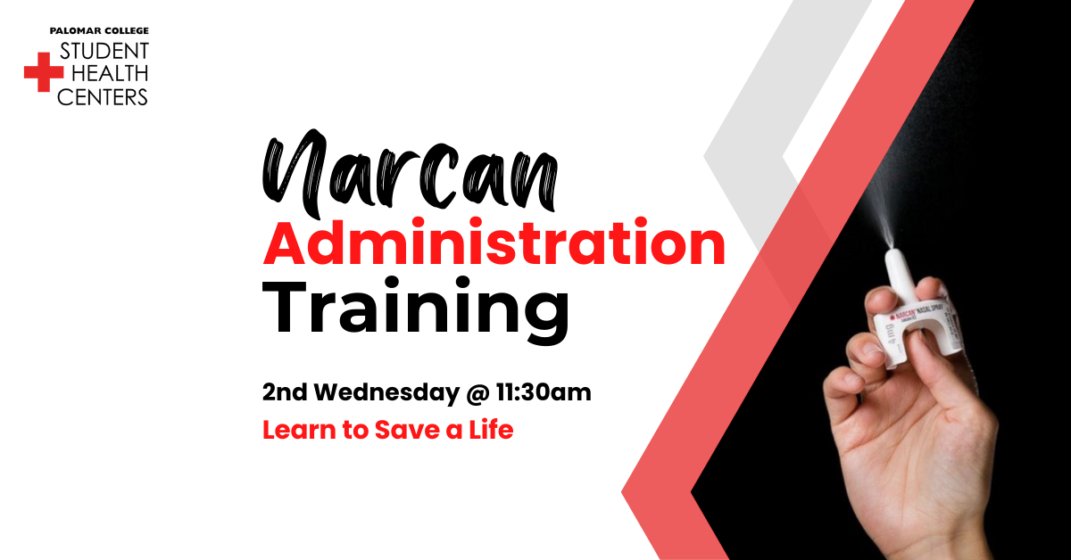 Image of hand holding nasal spray with text: Narcan Administration Training, 2nd Wednesday at 11:30am