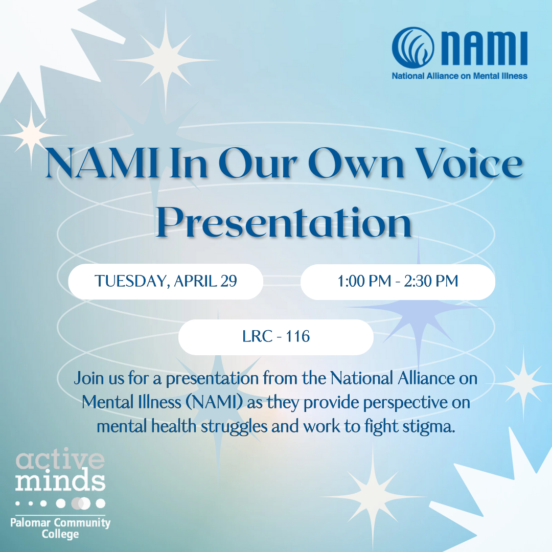 NAMI In Our Own Voice Presentation held Tuesday, 4/29/25 1-2:30pm in LRC-116