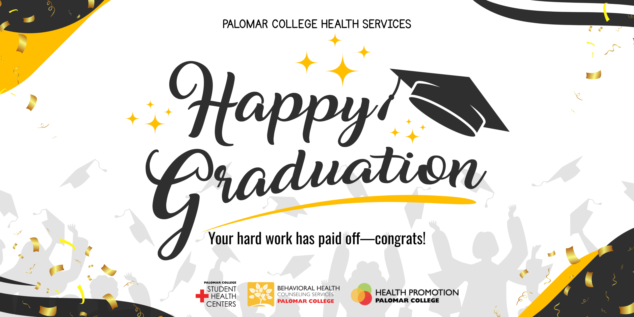Graduation cap and confetti with text: Happy Graduation