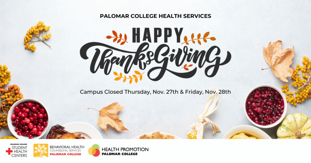Thanksgiving food items surrounding Happy Thanksgiving title and campus closure information