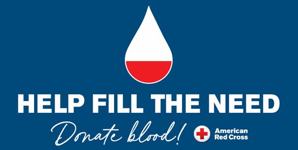 drop of blood with text: Help fill the need, donate blood
