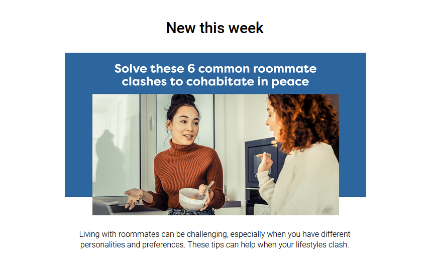 two young adults having a discussion in kitchen with text: "Solve these 6 common roommate clashes to cohabitate in peace"
