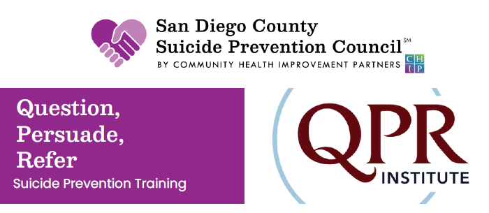 QPR Institute and San Diego County Suicide Prevention Council logos with title: Question, Persuade, Refer Suicide Prevention Training