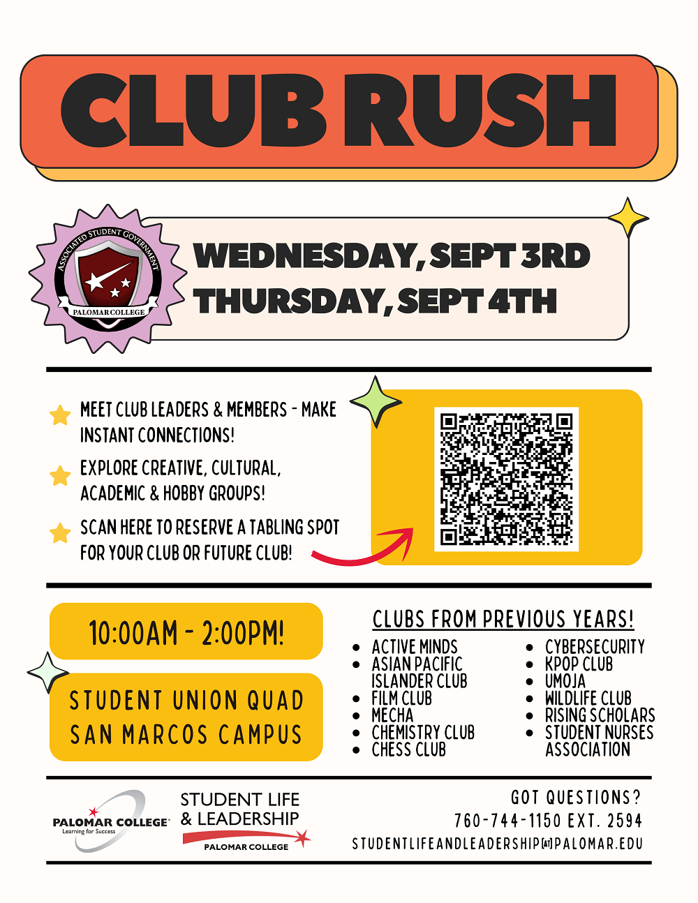 Club Rush is September 3rd and 4th 10am-2pm in the Student Union Quad. Be part of one of our biggest student events of the year!