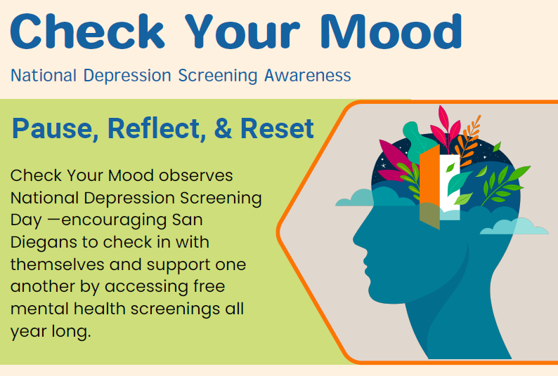 Mental health awareness graphic with text about National Depression Screening Day and a colorful head silhouette.