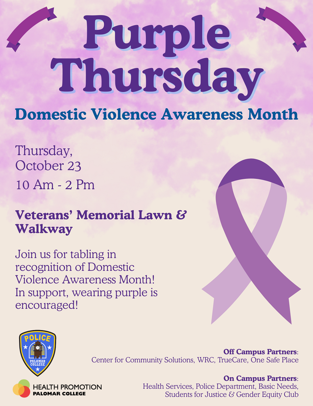 Light purple background with dark purple ribbon of flyer details for Purple Thursday event.