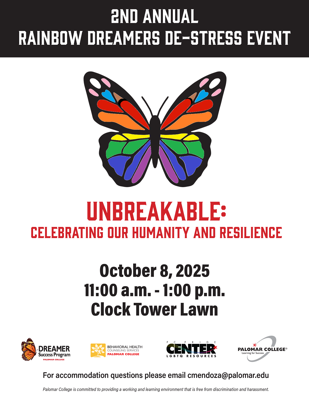 Flyer for the "2nd Annual Rainbow Dreamers De-Stress Event" with a colorful butterfly and event details.
