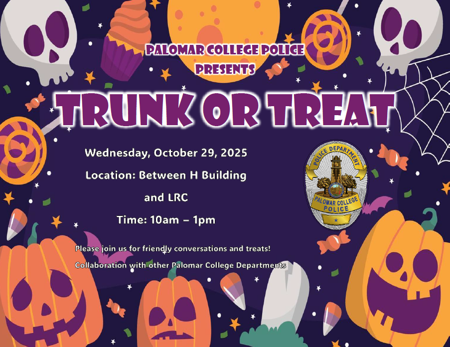 Orange pumpkin border on purple background with title "Trunk or Treat" followed by text: Wednesday, Oct. 29th 10am to 1pm on the main walkway by LRC & H buildings
