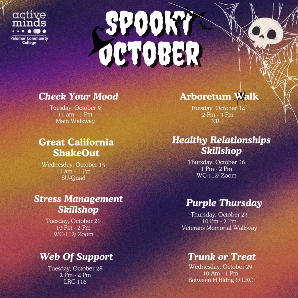 Purple and orange background with cobweb in upper right corner behind a skull with logo of Palomar College Active Minds in upper left and details of club meetings and event below centered title "Spooky October."