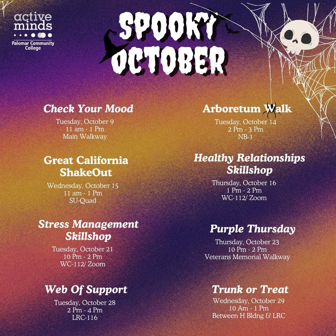 Purple and orange background with cobweb in upper right corner behind a skull with logo of Palomar College Active Minds in upper left and details of club meetings and event below centered title "Spooky October."